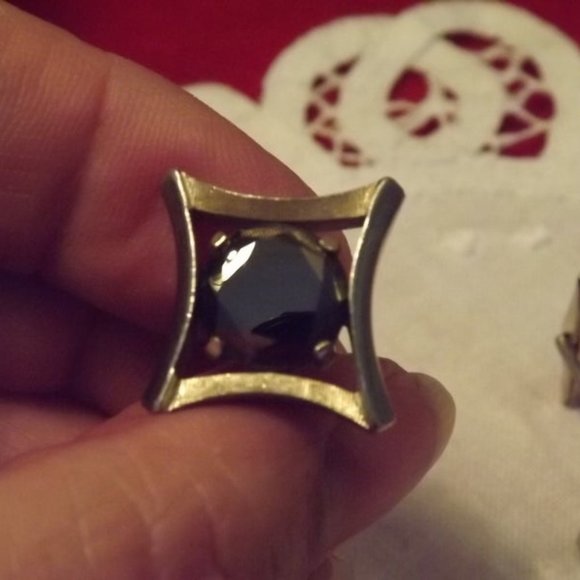 Vintage Sherman Black Glass Rhinestone Cuff Links - Picture 2 of 4